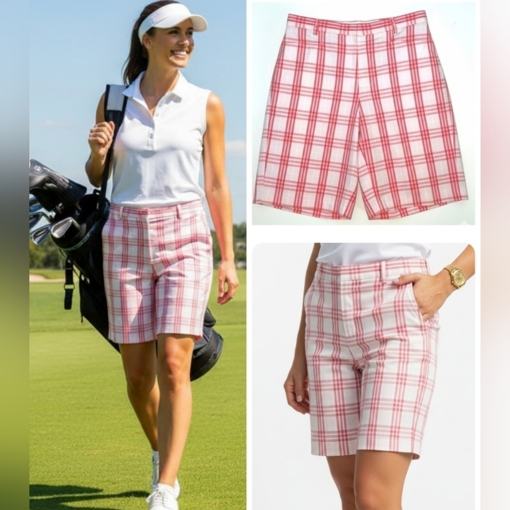 BURBERRY LONDON GOLF Vintage White & Pink Plaid Golf Short Size 6